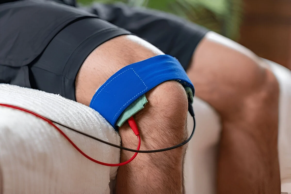 A patient on knee therapy with electrotherapy treatment for pain relief and rehabilitation