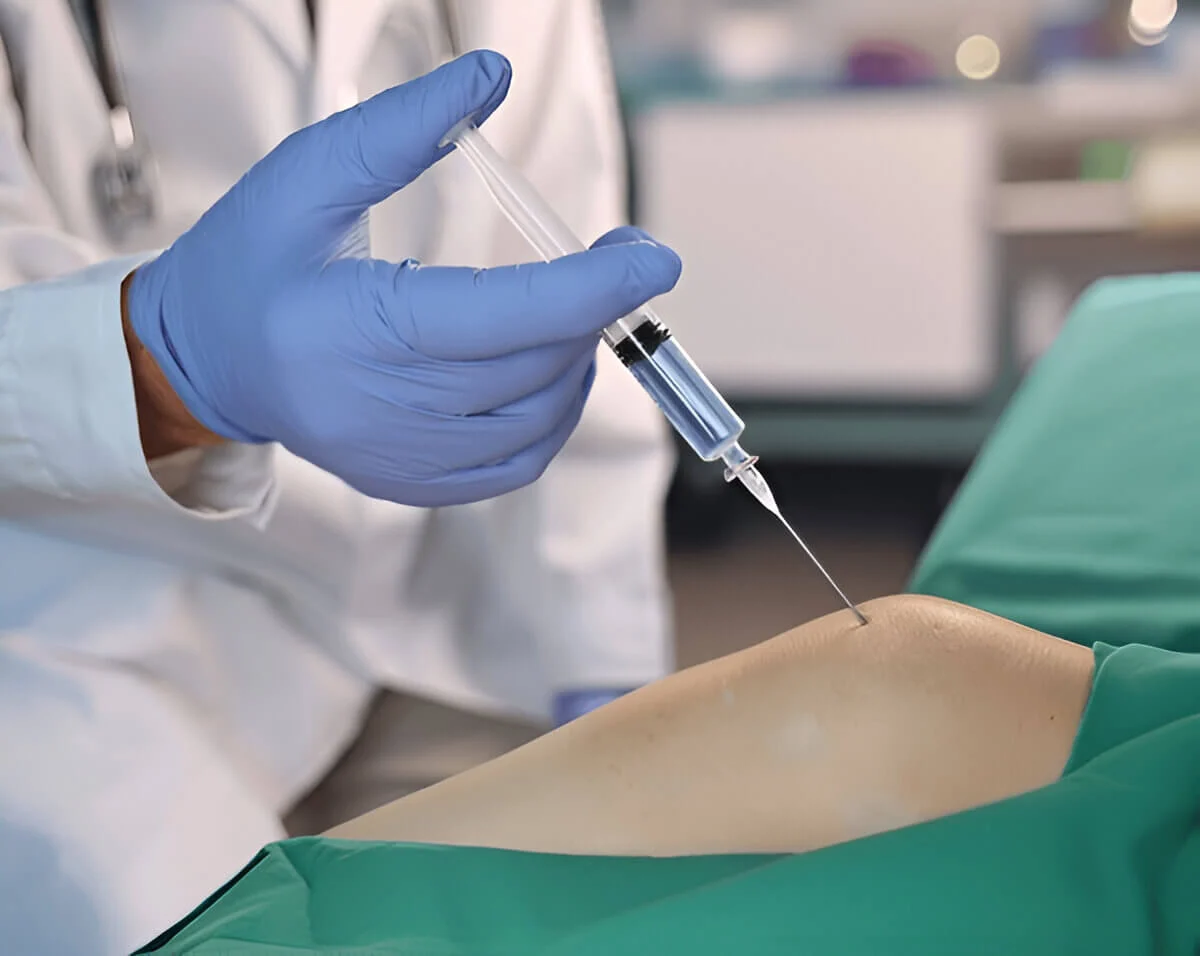 Doctor giving injection treatment to patient in treatment room