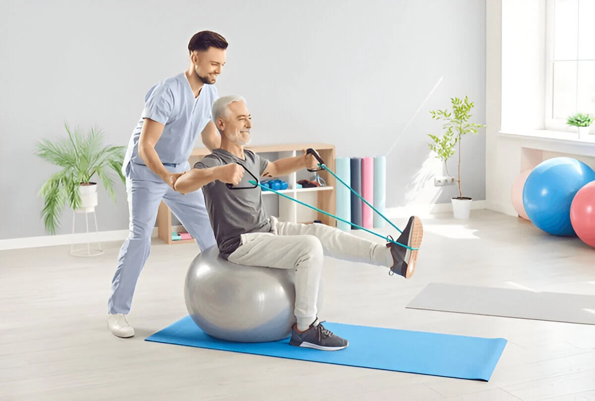 Doctor or nurse involved in the rehabilitation of an elderly patient, conducting physical therapy exercises